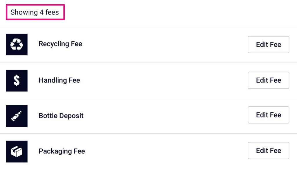 screenshot showing list of fees in app
